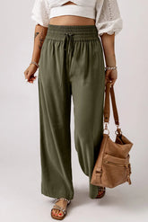 Smocked High Waist Wide Leg Pants Army Green OutfitFlow