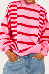 Striped Round Neck Dropped Shoulder Sweater Hot Pink OutfitFlow