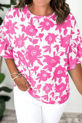 Floral Print Short Sleeve Casual Blouse Fuchsia Pink OutfitFlow