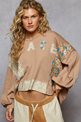 POL Peace Patch Floral Long Sleeve Hoodie Tan OutfitFlow