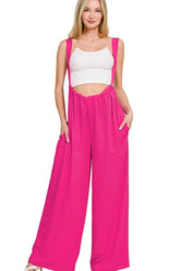 Zenana Woven Tie Back Suspender Jumpsuit HOT PINK OutfitFlow
