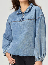 Quarter Zip Collared Neck Denim Top Medium OutfitFlow