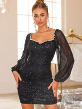 Pearl Trim Sweetheart Neck Long Sleeve Mini Dress Black OutfitFlow