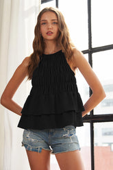 ADORA Halter Neck Smocked Layer Hem Tank Top BLACK OutfitFlow