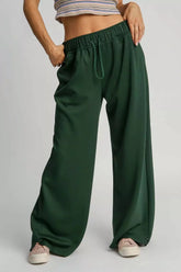 Umgee Elastic Drawstring Waistband Wide Leg Pants EVERGREEN OutfitFlow