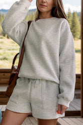 Round Neck Dropped Shoulder Sweatshirt and Shorts Set Gray OutfitFlow