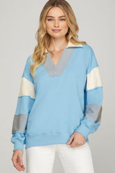 She + Sky Full Size Color Block Sleeve Johnny Collar French Terry Sweatshirt Plus Size Light Blue OutfitFlow