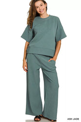 Zenana Ribbed Round Neck Tee & Pants Set ASH JADE OutfitFlow