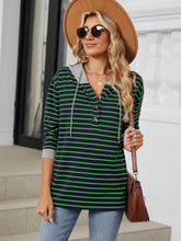 Drawstring Striped Long Sleeve Hoodie Dark Green OutfitFlow