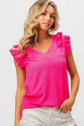 BiBi Layered Ruffles Armhole V-neck Rib Textured Top FUCHSIA OutfitFlow