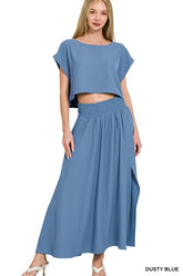 Zenana Woven Crinkle Gauze Crop Tee and Skirt Set DUSTY BLUE OutfitFlow