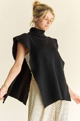 Davi & Dani Side Split Turtleneck Sleeveless Knit Top Black OutfitFlow