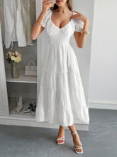 V-Neck Short Sleeve Midi Dress White OutfitFlow