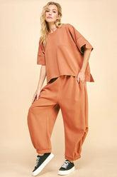 Davi & Dani Flowy Top and Elastic Waist Band Pants Set SUN BURN BROWN OutfitFlow