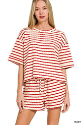 Zenana Striped Short Sleeve Tee & Shorts Set RUBY Trendsi