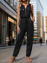Perfee Half Zip Sleeveless Jumpsuit with Pockets Black OutfitFlow