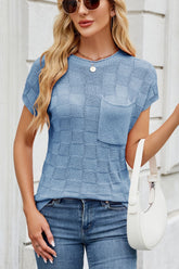 Checkered Round Neck Short Sleeve Knit Top Sky Blue OutfitFlow