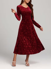 Flower Print V-Neck Long Sleeve Midi Dress Burgundy OutfitFlow