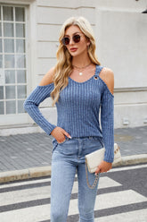 Ribbed Cold Shoulder Long Sleeve Top Dusty Blue OutfitFlow