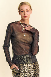 Davi & Dani Glitter Mesh Lettuce Hem Long Sleeve Top Black OutfitFlow