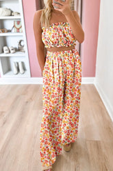 Boho Floral Bandeau Top and High Waist Wide Leg Pants Set Floral OutfitFlow