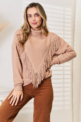 Woven Right Turtleneck Fringe Front Long Sleeve Sweater Camel OutfitFlow
