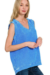 Zenana Double Gauze Raw Edge Acid Washed Tank OCEAN BLUE OutfitFlow