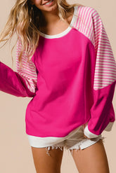Striped Round Neck Long Sleeve Sweatshirt Hot Pink OutfitFlow