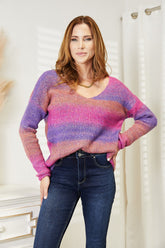 Angel Wings Multicolored Rib-Knit V-Neck Knit Pullover Purple OutfitFlow