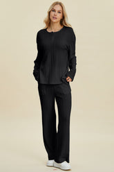 Double Take Full Size Cable-Knit Long Sleeve Top and Pants Set Black OutfitFlow