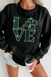 LOVE Rhinestone Clover Round Neck Sweatshirt Black OutfitFlow