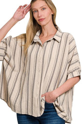 Zenana Woven Yarn-Dye Stripe Oversized Button Down Shirt TAUPE OutfitFlow