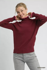 Umgee Ribbed Round Neck Sweater with Ruffle Contrast Trim BURGUNDY OutfitFlow