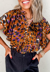 Leopard Notched Short Sleeve Blouse Leopard OutfitFlow