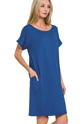 Zenana Rolled Short Sleeve Round Neck Dress LT NAVY OutfitFlow