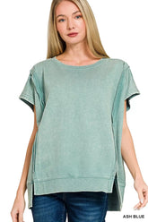 Zenana French Terry Acid Washed Hi-low Top ASH BLUE OutfitFlow