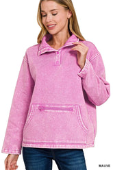Zenana Fleece Washed High Neck Kangaroo Pocket Sweatshirt MAUVE OutfitFlow