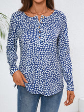 Quarter Button Printed Round Neck Long Sleeve Top Royal Blue OutfitFlow