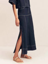 High-Waist Side Slit Contrast Stitch Denim Maxi Skirt Dark OutfitFlow
