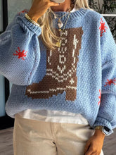 Boot Pattern Round Neck Dropped Shoulder Sweater Light Blue OutfitFlow