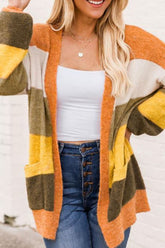 Open Front Color Block Cardigan Stripe OutfitFlow