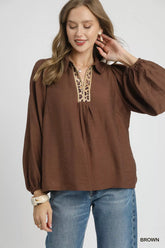 Umgee Long Sleeve Blouse with Leopard Print Trim Brown OutfitFlow