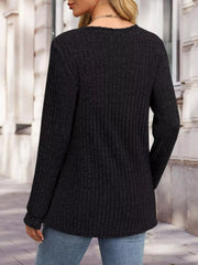 Ribbed Knit Button-Front Long Sleeve T-Shirt OutfitFlow