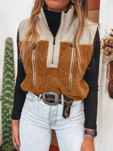 Color Block Plush Patchwork Zipper Stand Neck Vest Coat Caramel OutfitFlow