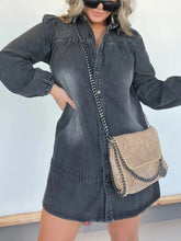 Full Size Button Front Long Sleeve Denim Dress Plus Size Washed Black OutfitFlow