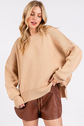 Mittoshop Side Slit Round Neck Drop Shoulder Sweater Tan OutfitFlow
