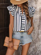 Contrast Striped Notched Ruffled Cap Sleeve Blouse Stripe OutfitFlow