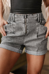 Zipped Cuffed Edge Denim Shorts Gray OutfitFlow