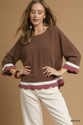 Umgee Scalloped Hem Color Block Top MOCHA OutfitFlow