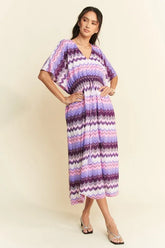 Davi & Dani Multi Color Wavy Tie Waist Flowy Sleeve Dress Lilac Multi OutfitFlow